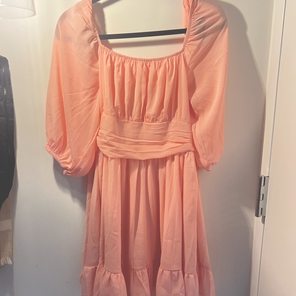 Babydoll balloon sleeve pink princess style mini dress with bow tie in the back